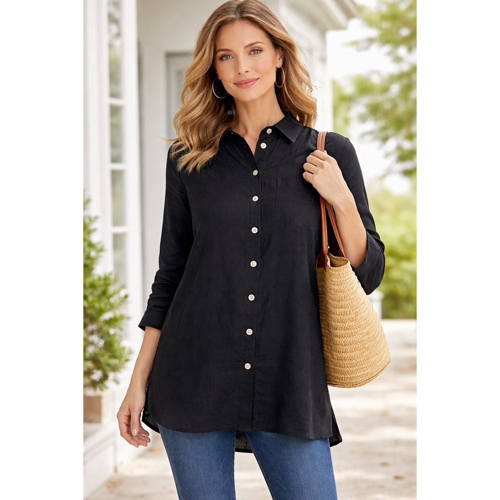 Soft Surroundings Linen Tunic Top Medium Black Button Front‎ Relaxed Fit